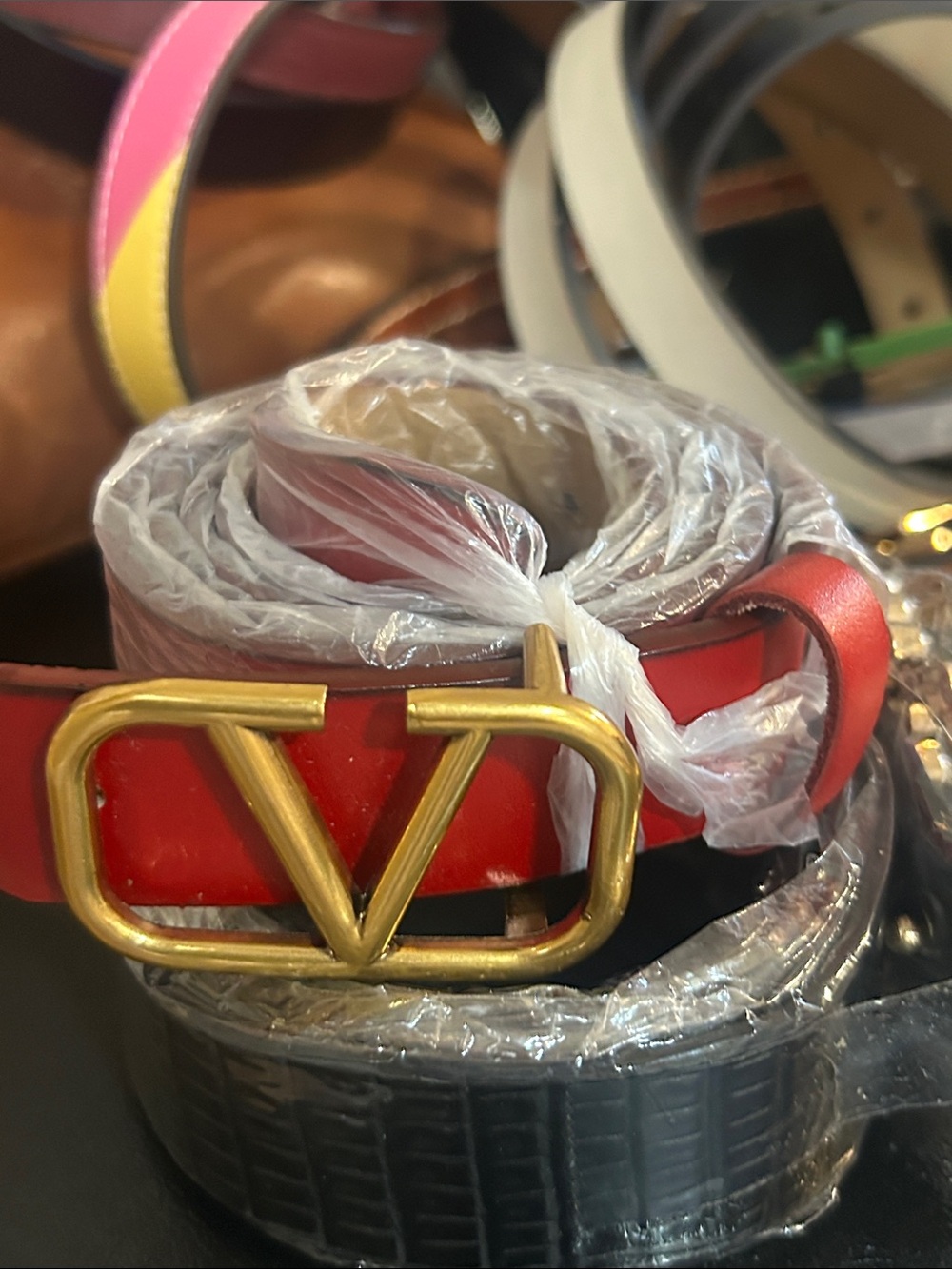 Inspired Red Leather Belt with Gold V Buckle New never worn  L
